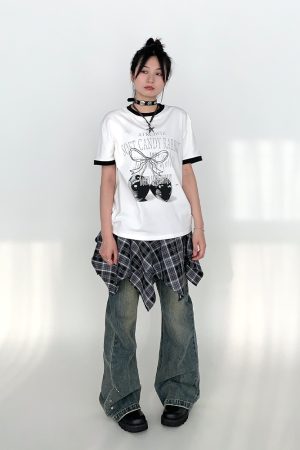 Cherry Print Color-Blocked Round Neck Loose Casual Summer Top - Gray White Multicolor Tee for Girls, Y2K Fashion Style