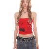 Cherry Red Summer Slim Fit Strapless Top - Vintage American Style for Women, Perfect for 90s and Y2K Fashion