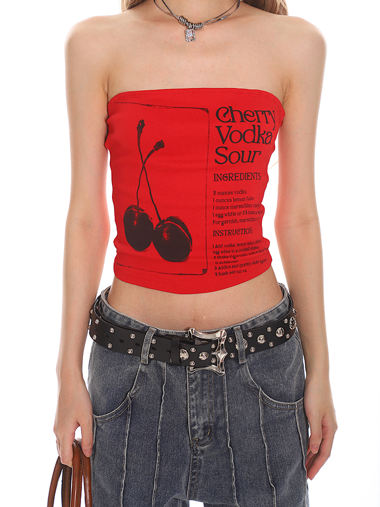 Cherry Red Summer Slim Fit Strapless Top - Vintage American Style for Women, Perfect for 90s and Y2K Fashion Cherry Red Summer Slim Fit Strapless Top - Vintage American Style for Women, Perfect for 90s and Y2K Fashion