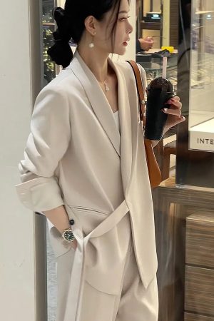 Chic Belted Suit Jacket and Wide-Leg Pants Two-Piece Set for Women - Spring Autumn Casual Outfit Trend