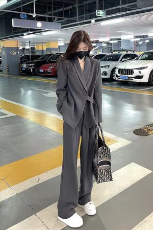 Chic Belted Suit Jacket and Wide-Leg Pants Two-Piece Set for Women - Spring Autumn Casual Outfit Trend