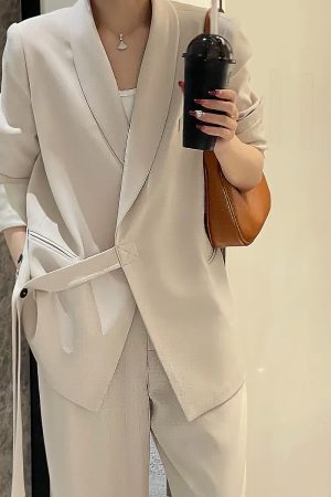 Chic Belted Suit Jacket and Wide-Leg Pants Two-Piece Set for Women - Spring Autumn Casual Outfit Trend