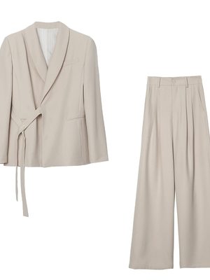 Chic Belted Suit Jacket and Wide-Leg Pants Two-Piece Set for Women - Spring Autumn Casual Outfit Trend