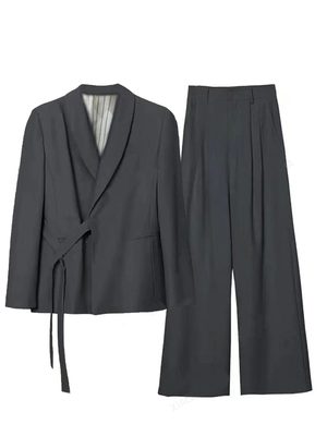 Chic Belted Suit Jacket and Wide-Leg Pants Two-Piece Set for Women - Spring Autumn Casual Outfit Trend