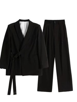 Chic Belted Suit Jacket and Wide-Leg Pants Two-Piece Set for Women - Spring Autumn Casual Outfit Trend