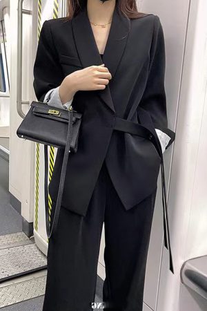 Chic Belted Suit Jacket and Wide-Leg Pants Two-Piece Set for Women - Spring Autumn Casual Outfit Trend