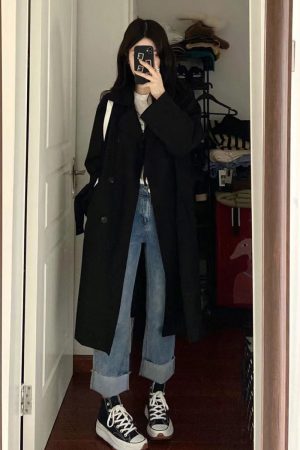 Chic Black Mid-Length Trench Coat for Women, 2024 British Style, Trendy Petite Fashion Outerwear