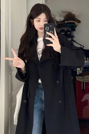 Chic Black Mid-Length Trench Coat for Women, 2024 British Style, Trendy Petite Fashion Outerwear