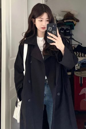 Chic Black Mid-Length Trench Coat for Women, 2024 British Style, Trendy Petite Fashion Outerwear