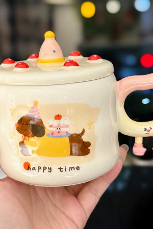 Chic Ceramic Water Cup - Cute Birthday Cake Design Coffee Mug Gift for Trendy Girls, Perfect Souvenir for Special Occasions