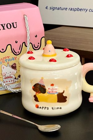 Chic Ceramic Water Cup - Cute Birthday Cake Design Coffee Mug Gift for Trendy Girls, Perfect Souvenir for Special Occasions