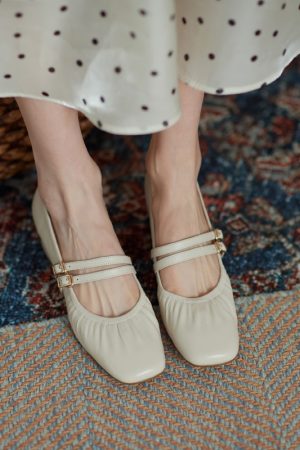 Chic Genuine Leather Mary Jane Shoes for Women - Mid-Heel Square Toe Flats - Stylish Summer Grandma Shoes