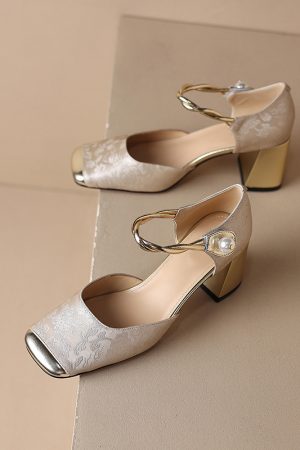 Chic Genuine Leather Square-Toe Mesh Mary Jane Shoes for Women, Spring 2023 Style with Pearl Chunky Heel