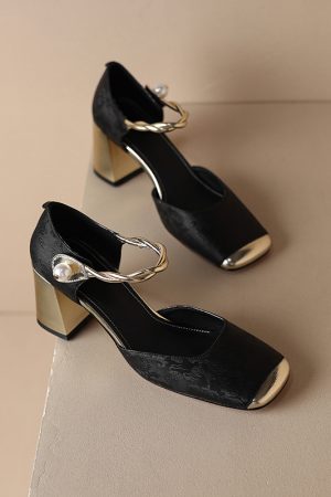 Chic Genuine Leather Square-Toe Mesh Mary Jane Shoes for Women, Spring 2023 Style with Pearl Chunky Heel