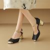 Chic Genuine Leather Square-Toe Mesh Mary Jane Shoes for Women, Spring 2023 Style with Pearl Chunky Heel