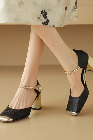 Chic Genuine Leather Square-Toe Mesh Mary Jane Shoes for Women, Spring 2023 Style with Pearl Chunky Heel