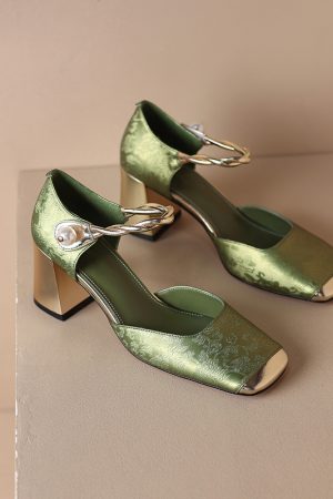 Chic Genuine Leather Square-Toe Mesh Mary Jane Shoes for Women, Spring 2023 Style with Pearl Chunky Heel