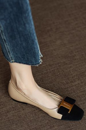 Chic Italian Color-Block Square-Toe Flats - Women's Shallow Mouth Shoes in Chanel Style, Perfect for Everyday Wear