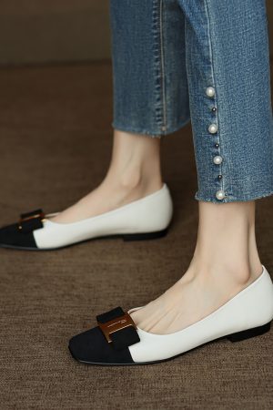 Chic Italian Color-Block Square-Toe Flats - Women's Shallow Mouth Shoes in Chanel Style, Perfect for Everyday Wear