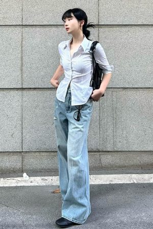 Chic Retro Hong Kong Style Color-Blocked Striped Short Sleeve Shirt for Women - Waist-Cinching Slim Fit Summer Top