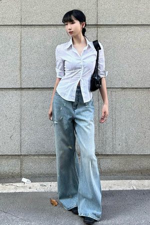 Chic Retro Hong Kong Style Color-Blocked Striped Short Sleeve Shirt for Women - Waist-Cinching Slim Fit Summer Top