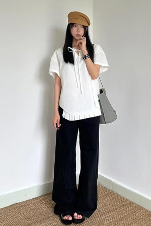 Chic Retro Hong Kong Style V-Neck Tie Design Short Sleeve Top for Women - Loose Casual White Summer Shirt