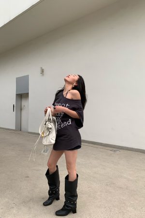 Chic Slanted Shoulder T-Shirt Dress in Deep Gray - Versatile 2-in-1 Style for Effortless Y2K Fashion