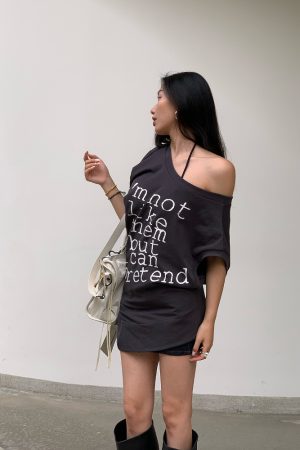 Chic Slanted Shoulder T-Shirt Dress in Deep Gray - Versatile 2-in-1 Style for Effortless Y2K Fashion