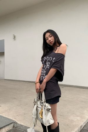 Chic Slanted Shoulder T-Shirt Dress in Deep Gray - Versatile 2-in-1 Style for Effortless Y2K Fashion