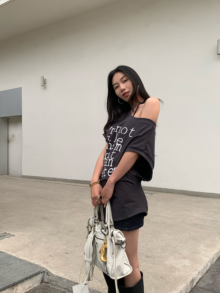 Chic Slanted Shoulder T-Shirt Dress in Deep Gray - Versatile 2-in-1 Style for Effortless Y2K Fashion Chic Slanted Shoulder T-Shirt Dress in Deep Gray - Versatile 2-in-1 Style for Effortless Y2K Fashion