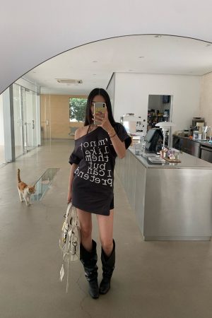 Chic Slanted Shoulder T-Shirt Dress in Deep Gray - Versatile 2-in-1 Style for Effortless Y2K Fashion