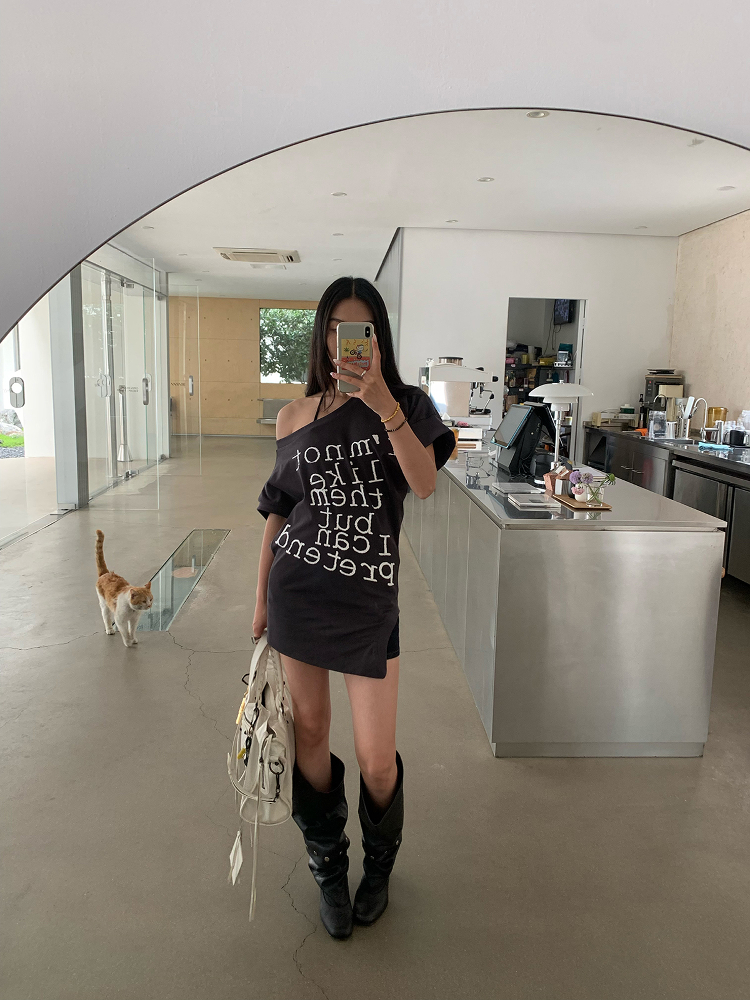 Chic Slanted Shoulder T-Shirt Dress in Deep Gray - Versatile 2-in-1 Style for Effortless Y2K Fashion Chic Slanted Shoulder T-Shirt Dress in Deep Gray - Versatile 2-in-1 Style for Effortless Y2K Fashion