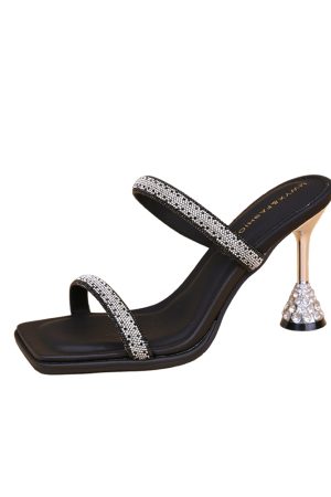 Chic Summer High-Heeled Sandals for Women, Rhinestone One-Strap Design, Backless Slip-On Cool Slippers, Trendy Footwear