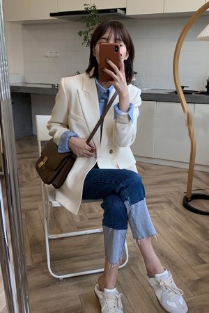 Chic White Petite Suit Jacket for Women - High-End Casual Blazer in Korean Style for Spring & Autumn 2025