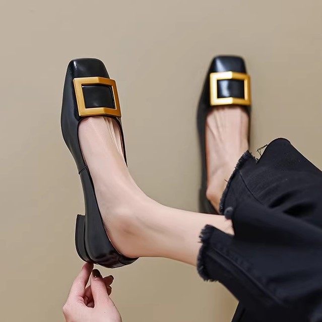 Chic Women's Slip-On Low-Heeled Shoes with Square Buckle - French British Style Versatile Design for Effortless Fashion Chic Women's Slip-On Low-Heeled Shoes with Square Buckle - French British Style Versatile Design for Effortless Fashion