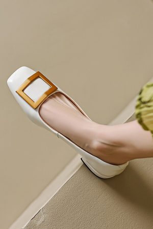 Chic Women's Slip-On Low-Heeled Shoes with Square Buckle - French British Style Versatile Design for Effortless Fashion