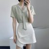 Chiffon Short-Sleeve V-Neck Top with Flowing Ribbons, Elegant Wrinkle-Resistant Summer Shirt for Women, OL Commuting Style 2025