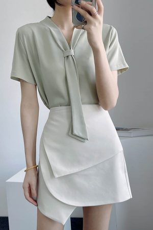 Chiffon Short-Sleeve V-Neck Top with Flowing Ribbons, Elegant Wrinkle-Resistant Summer Shirt for Women, OL Commuting Style 2025