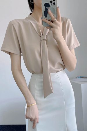 Chiffon Short-Sleeve V-Neck Top with Flowing Ribbons, Elegant Wrinkle-Resistant Summer Shirt for Women, OL Commuting Style 2025