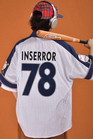 Childlike Striped Cartoon Embroidered Short Sleeve Shirt - Loose Fit Retro American Sports Style