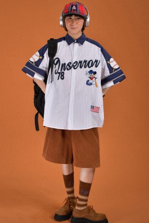 Childlike Striped Cartoon Embroidered Short Sleeve Shirt - Loose Fit Retro American Sports Style