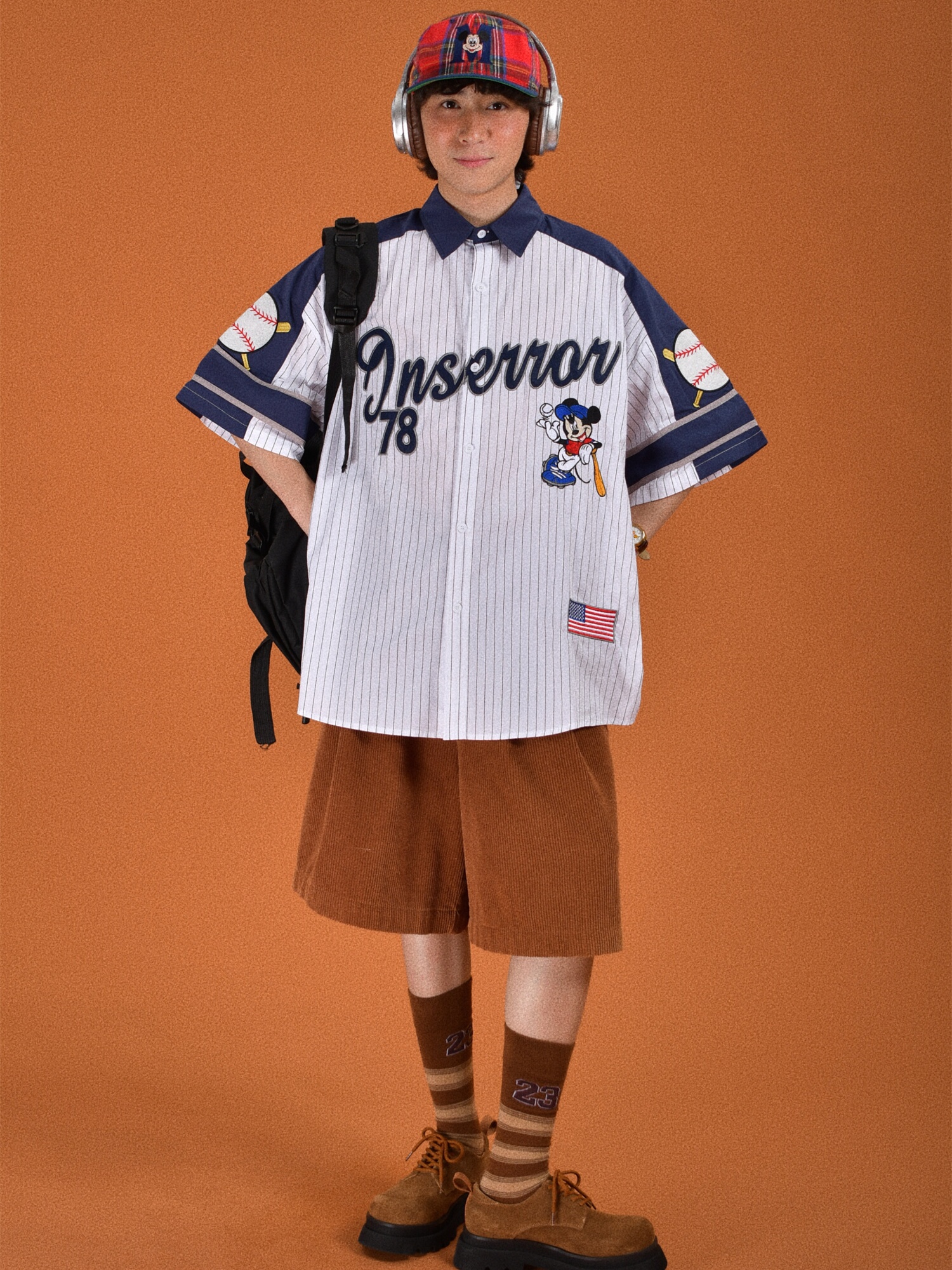 Childlike Striped Cartoon Embroidered Short Sleeve Shirt - Loose Fit Retro American Sports Style Childlike Striped Cartoon Embroidered Short Sleeve Shirt - Loose Fit Retro American Sports Style