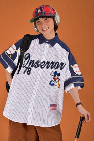 Childlike Striped Cartoon Embroidered Short Sleeve Shirt - Loose Fit Retro American Sports Style