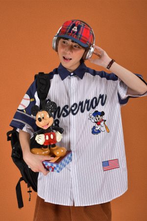 Childlike Striped Cartoon Embroidered Short Sleeve Shirt - Loose Fit Retro American Sports Style