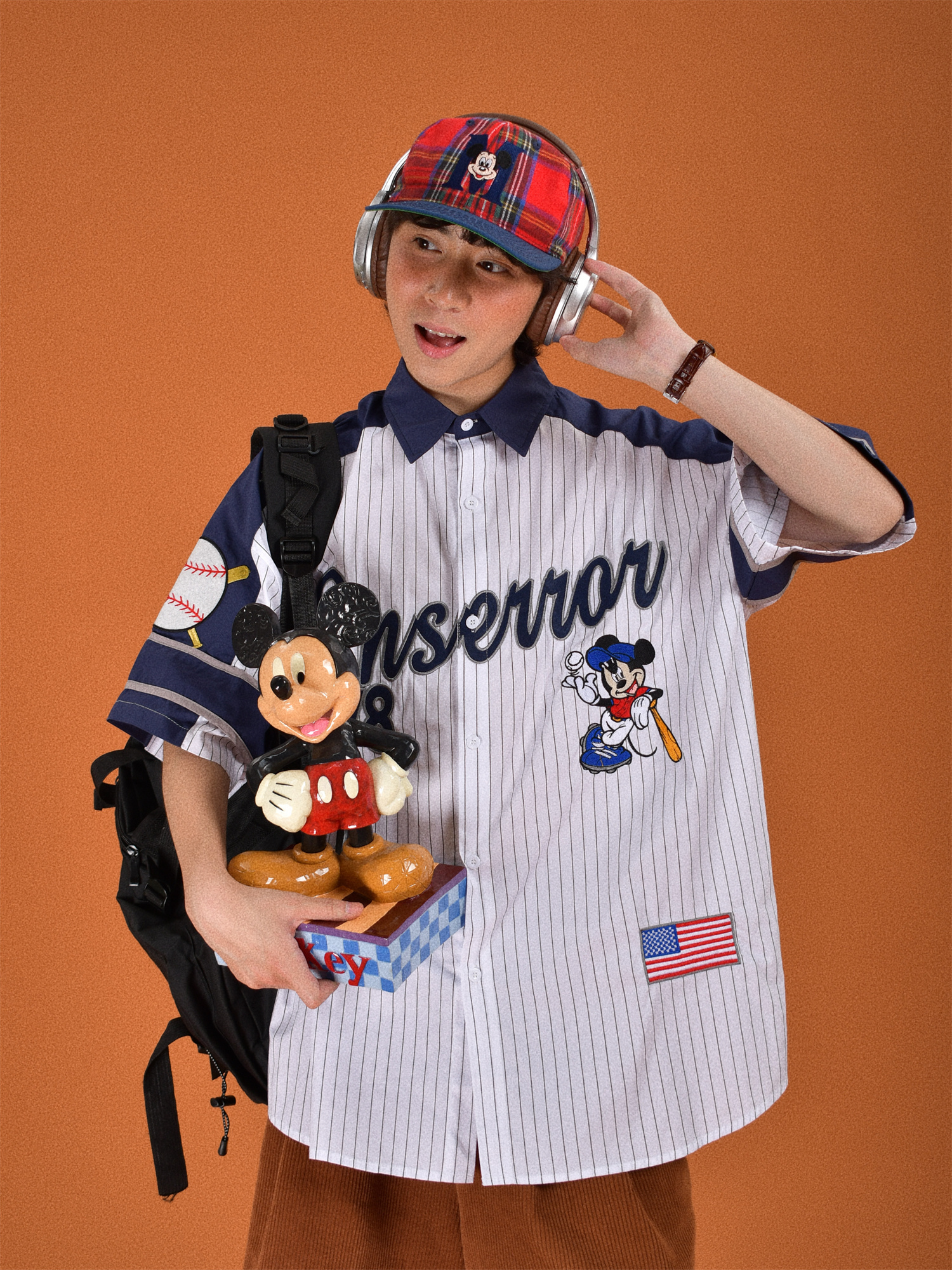 Childlike Striped Cartoon Embroidered Short Sleeve Shirt - Loose Fit Retro American Sports Style Childlike Striped Cartoon Embroidered Short Sleeve Shirt - Loose Fit Retro American Sports Style