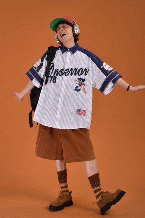 Childlike Striped Cartoon Embroidered Short Sleeve Shirt - Loose Fit Retro American Sports Style