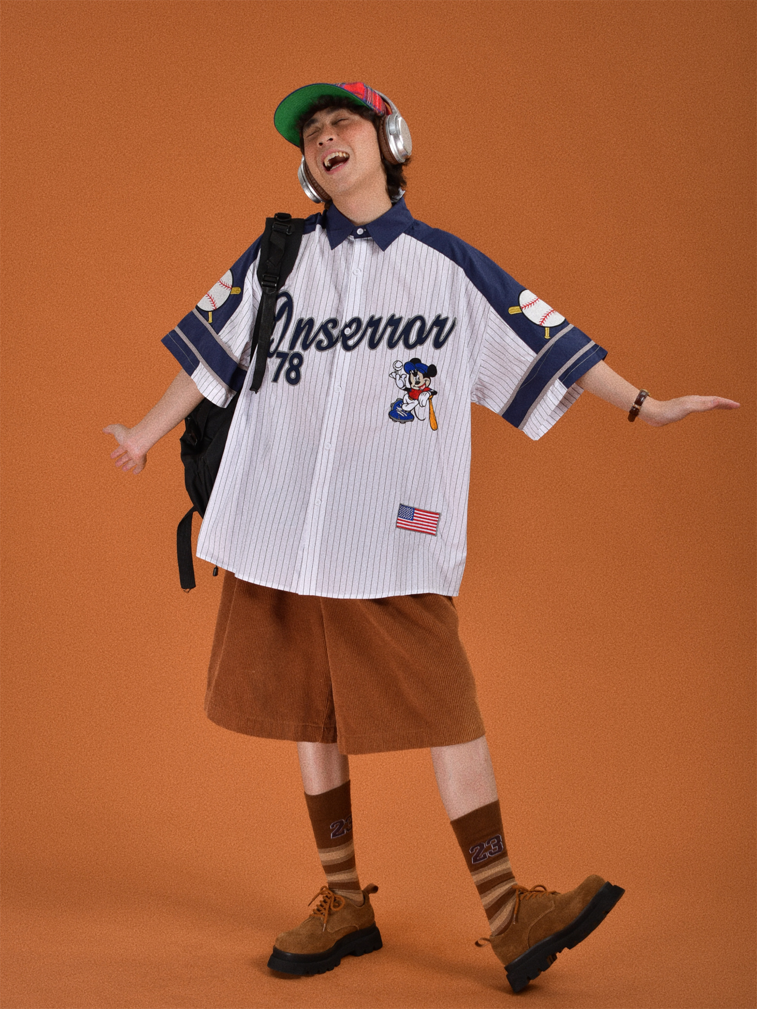 Childlike Striped Cartoon Embroidered Short Sleeve Shirt - Loose Fit Retro American Sports Style Childlike Striped Cartoon Embroidered Short Sleeve Shirt - Loose Fit Retro American Sports Style