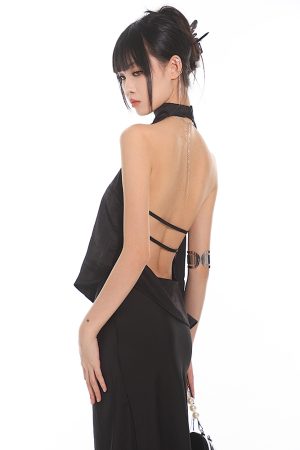 Chinese Style Dark Satin Halter Backless Vest and Mermaid Skirt Set - Slimming Elegant Outfit for Y2K and 90s Fashion