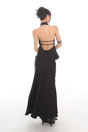 Chinese Style Dark Satin Halter Backless Vest and Mermaid Skirt Set - Slimming Elegant Outfit for Y2K and 90s Fashion
