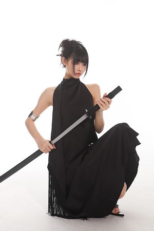 Chinese Style Dark Satin Halter Backless Vest and Mermaid Skirt Set - Slimming Elegant Outfit for Y2K and 90s Fashion